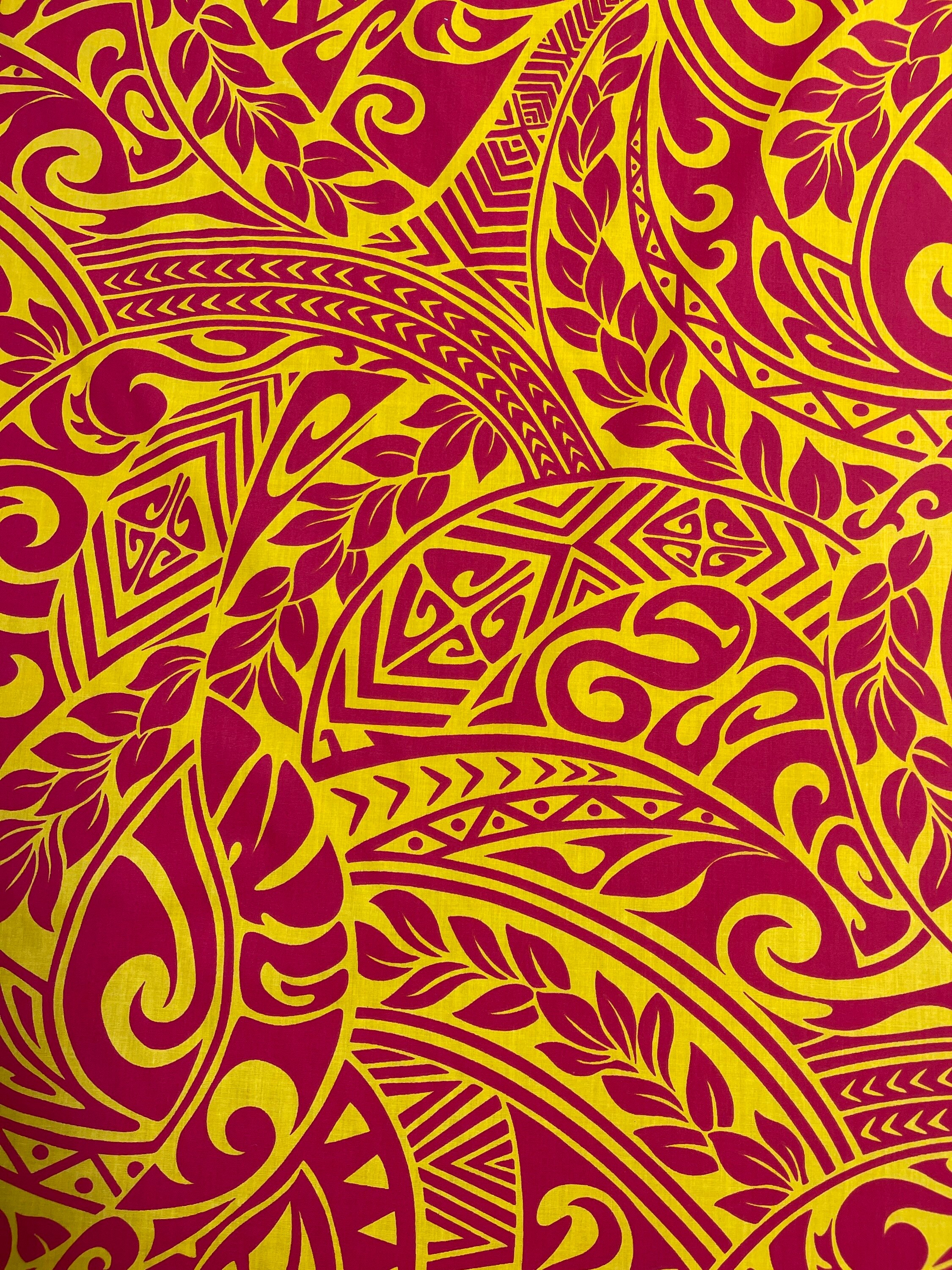 Ted on Yellow Tribal Maile Hawaiian Print Fabric sold by the yard ( yardage available)