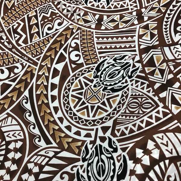 Brown Hawaiian Print Tribal Honu Fabric sold by the yard