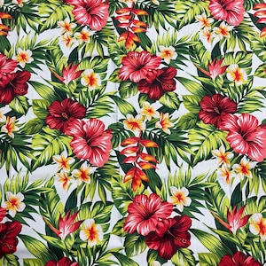 NEW Hawaiian Tropical Print White with Heliconi Red Hibiscus Yellow Plumeria Fabric sold by the yard
