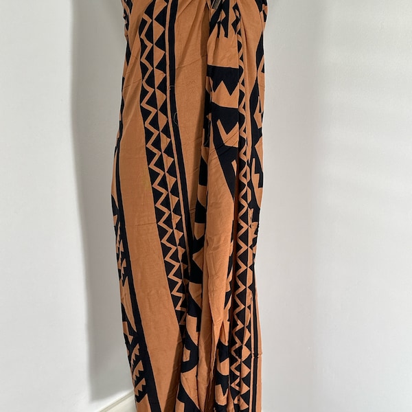 Hawaiian Print Rayon Brown Black Mauna Loa Tribal Pareo / Sarong / Lava lava