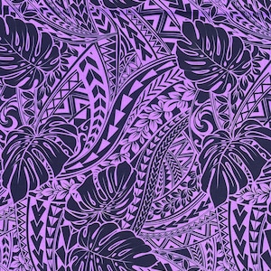 Purple Maile Monstera Tribal on Black  Hawaiian Print Fabric sold by the yard