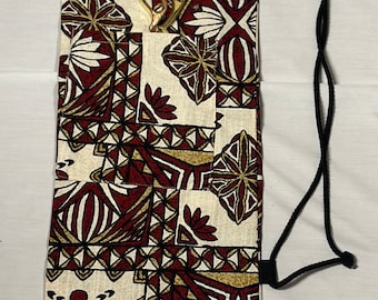 Hawaiian Print Pa’u Skirt Drawstring Shoulder Bag in Red with  Mustard Gold on Khaki Polynesian Tribal