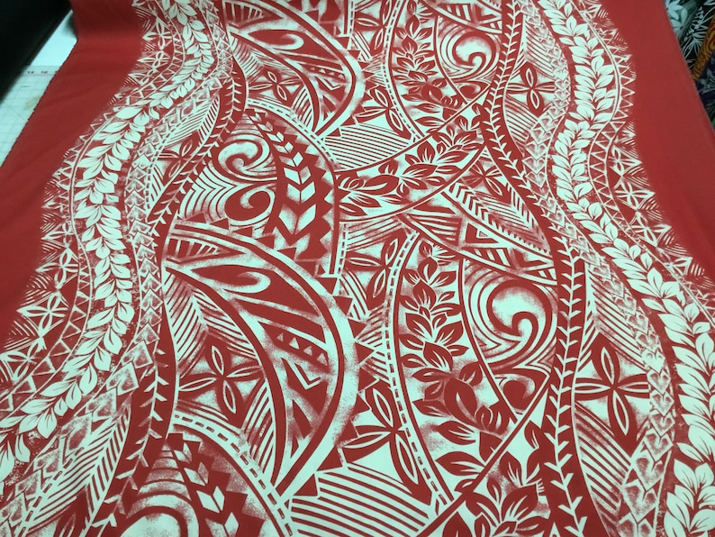 Polynesian Hawaiian Print fabric Tribal Red Off White sold by the yard