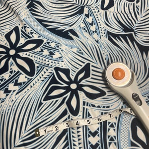 Hawaiian Print Tiare Palm leaf Tattoo Tribal in Blue Black and White sold by the yard