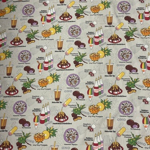 Hawaiis Local Treats Strawberry Mochi Shave Ice Chocolate Macadamia Nuts Ling Hing Mui Pineapple on Light Gray Hawaiian Print.