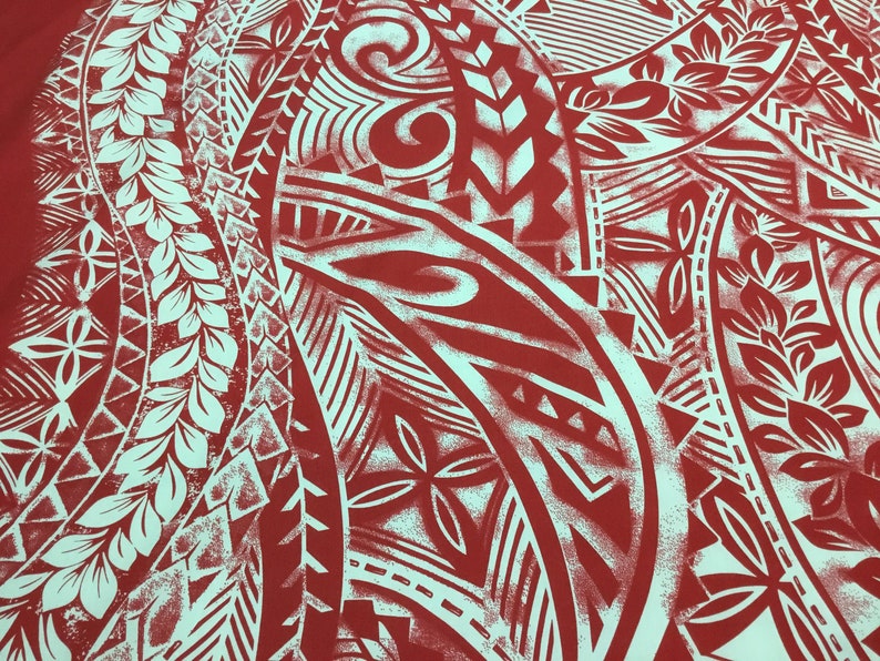 Polynesian Hawaiian Print fabric Tribal Red Off White sold by the yard