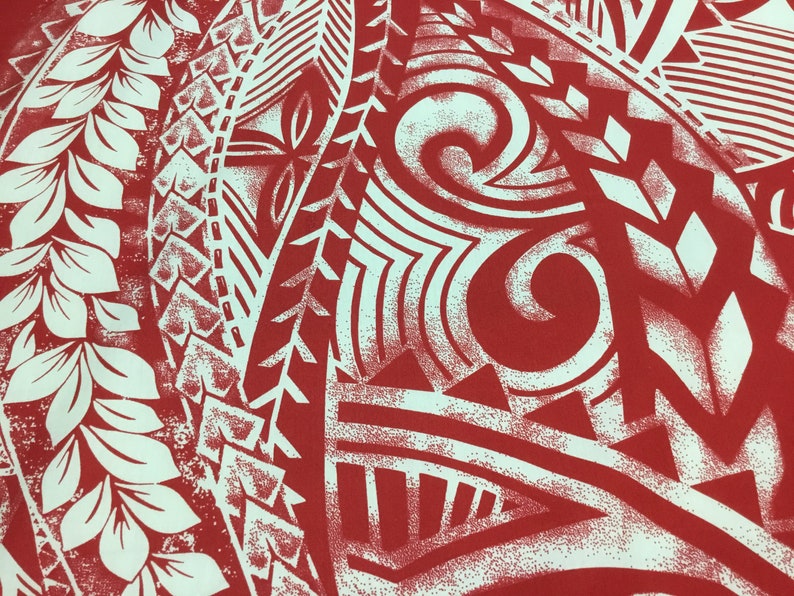 Polynesian Hawaiian Print fabric Tribal Red Off White sold by the yard
