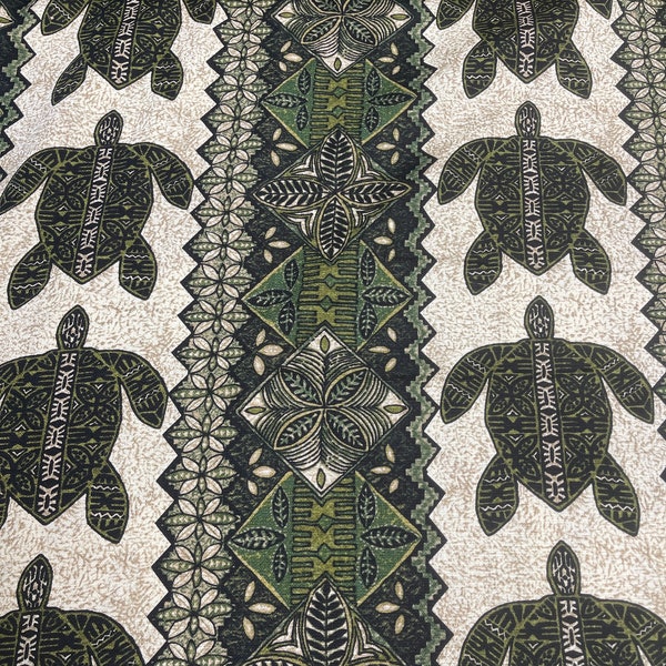 Olive Green Black Tattoo Honu on Khaki Tapa Polynesia Border Barkcloth Hawaiian Print Fabric sold by the yard