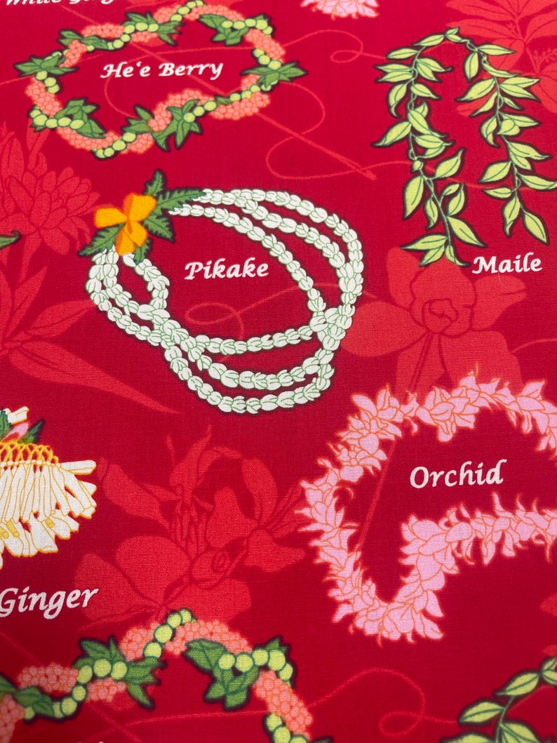 Hawaiian Print Aloha Hawai’i Lei White Ginger Ti Leaf Green Crown ...