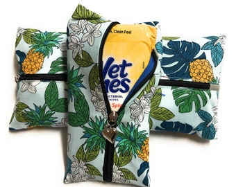 Zippered Hand Wipes Pouches 2 Pack Blue Monstera Pineapple Hawaiian Print