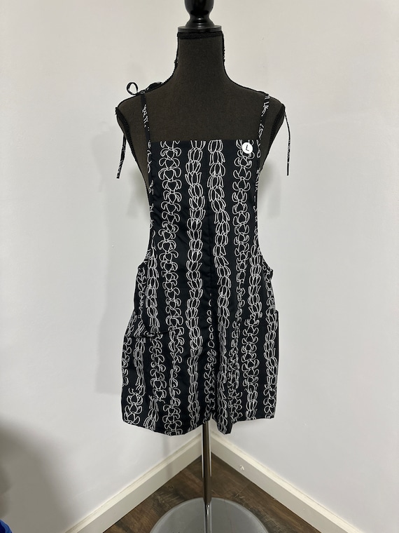 NEW!! Cotton Jumper Black with White Puakenikeni and Tuberrose Lei Print- Tie Straps at shoulder and 2 Front Pockets