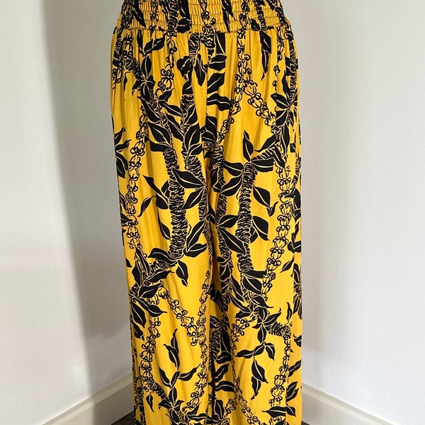 New! 100% Premium Rayon Palazzo Pant Black Crown Flower Ilima Lei on Yellow Hawaiian Print one size fits most