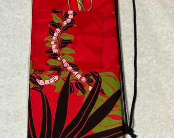 Hawaiian Print Pa’u Skirt Drawstring Shoulder Bag Red with White Pikaki Maile Lei green Monstera 27” X 8”