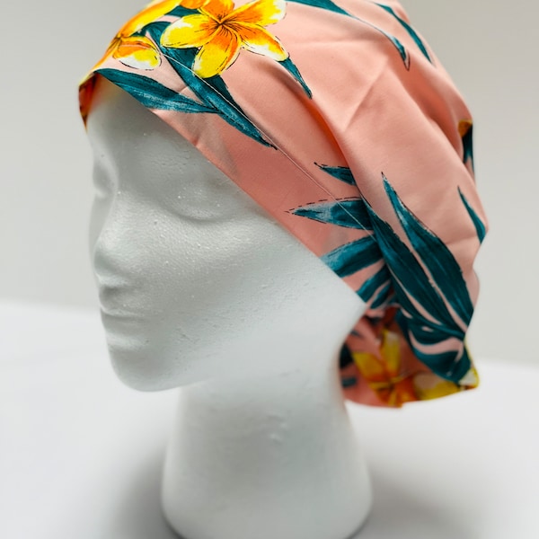 Nurses Cap Hawaiian Print  Yellow Orange Plumeria Dark Teal Palm Leaf on Peach Salmon Adjustable Euro Nurses Scrub Cap / Scrub Cap