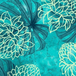 Hawaiian Print Cream Ginger with an Ombre of Dark Teal and Blue Green Monstera sold by the yard