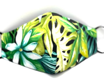 Black Green Floral with Tiare Hawaiian Print  Adjustable Face Mask Reversible Triple Layer With Nose Wire