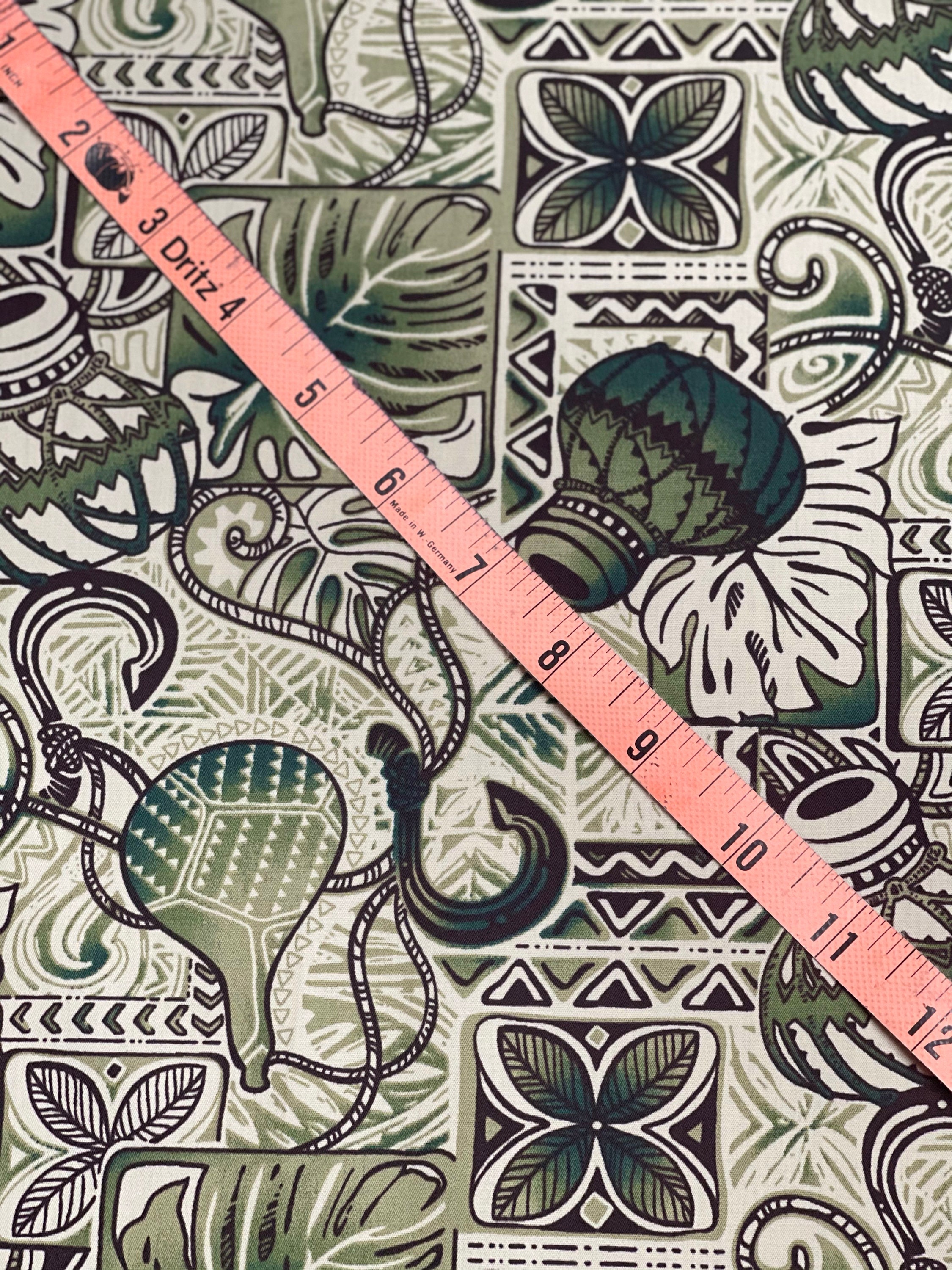 Cotton Green Monstera Tribal Hook Ipu Tattoo Old Hawaiian Print Fabric Sold  by the Yard Yardage Available 