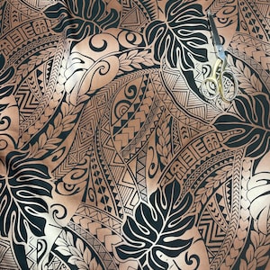 Brown Khaki Ombre with Black Monstera Tribal Hawaiian Print with Maile and Monstera Fabric sold by the yard