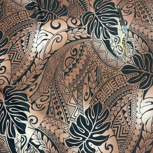 Brown Khaki Ombre with Black Monstera Tribal Hawaiian Print with Maile and Monstera Fabric sold by the yard