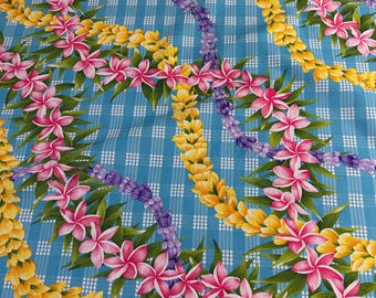 Beautiful Flower Leis on Printed Blue Palaka Hawaiian Print 100