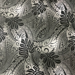Gray Ombré Tribal with Black Monstera and Maile Hawaiian Print Fabric sold by the yard