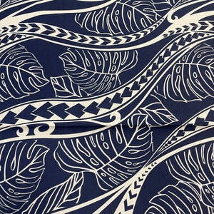 Hawaiian Print Navy Blue With White Monstera Tribal by the yard