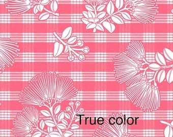 Cotton Pink White Printed Palaka with White Lehua Flowers Liko Lehua Fabric sold by the yard