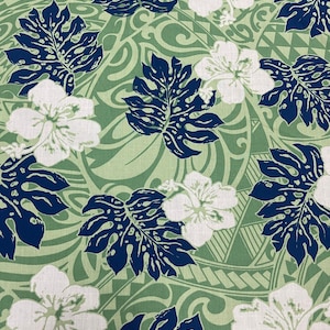 New! Light Green Tribal Navy Blue Monstera Cream Hisbiscus Hawaiian Print Fabric sold by the yard