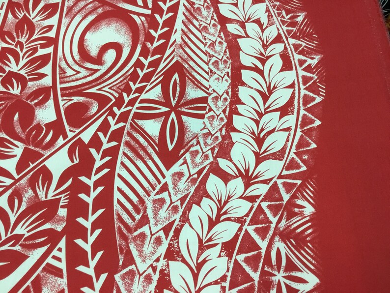 Polynesian Hawaiian Print fabric Tribal Red Off White sold by the yard