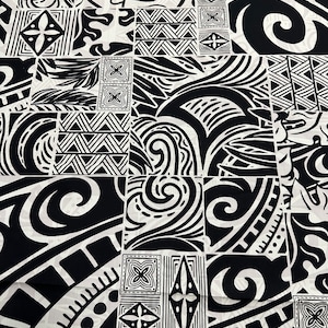 May include: Black and white patterned fabric with a geometric design. The fabric features a variety of shapes and swirls, creating a complex and intricate pattern.