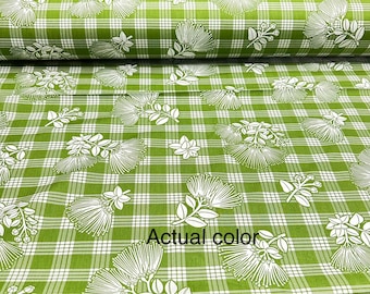 Cotton Sage Green White Printed Palaka with Lehua Flowers Liko Lehua Fabric sold by the yard
