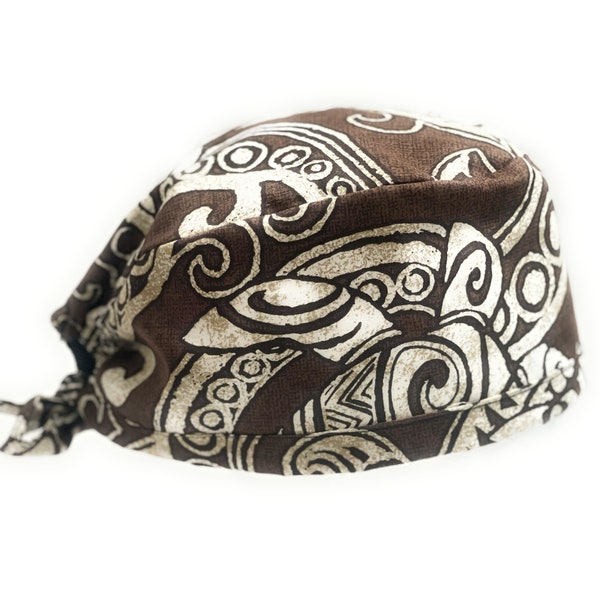 Hawaiian Print Brown Tribal Honu Adult Unisex Nurses Reversible Scrub Cap one size fits all