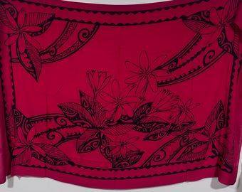 NEW! Limited Rayon Black Tiare Tribal Border on Red  Pareo / Sarong /Beach Cover up or Wrap / Dress