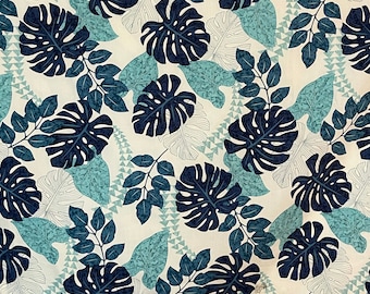 Blue Taro Monstera Leaf Tribal Hawaiian Print Fabric sold by the yard