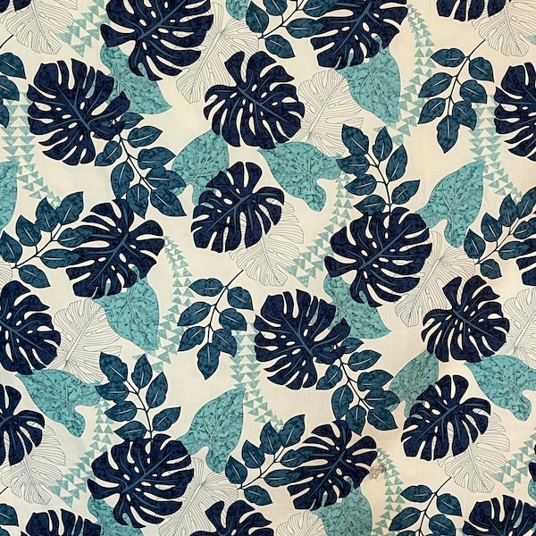 Blue Taro Monstera Leaf Tribal Hawaiian Print Fabric sold by the yard