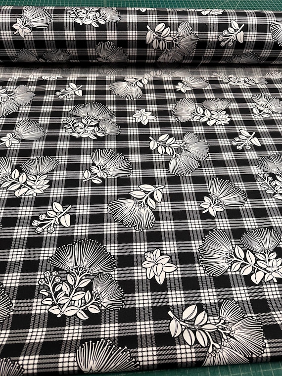 Cotton Black White Printed Palaka with Lehua Flowers Liko Lehua Fabric