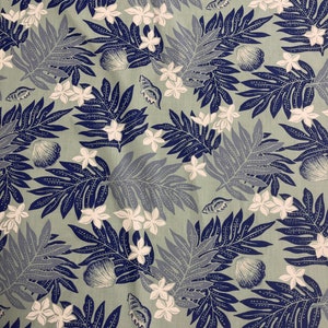 Hawaiian Print Fabric Blueish Green with Blue Gray Lauae Seashells White Tiare sold by the yard