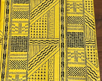 Mustard Yellow with Black Tattoo Tribal Hawaiian Print Poly Cotton Fabric sold by the yard