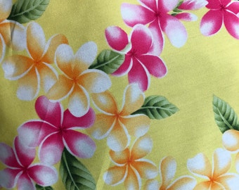 Japan Cotton Yellow with Pink and Orange  Plumeria  Fabric sold by the yard
