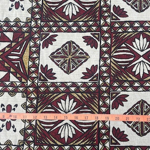 Red Brown on Tan Polynesian Tapa Barkcloth Hawaiian Print Fabric sold by the yard