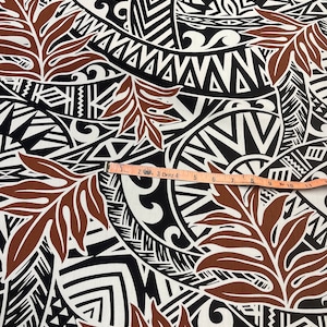Hawaii Print Black Tattoo Tribal Fabric with Brown lauae Leaf on White 100% Cotton Fabric by  the yard