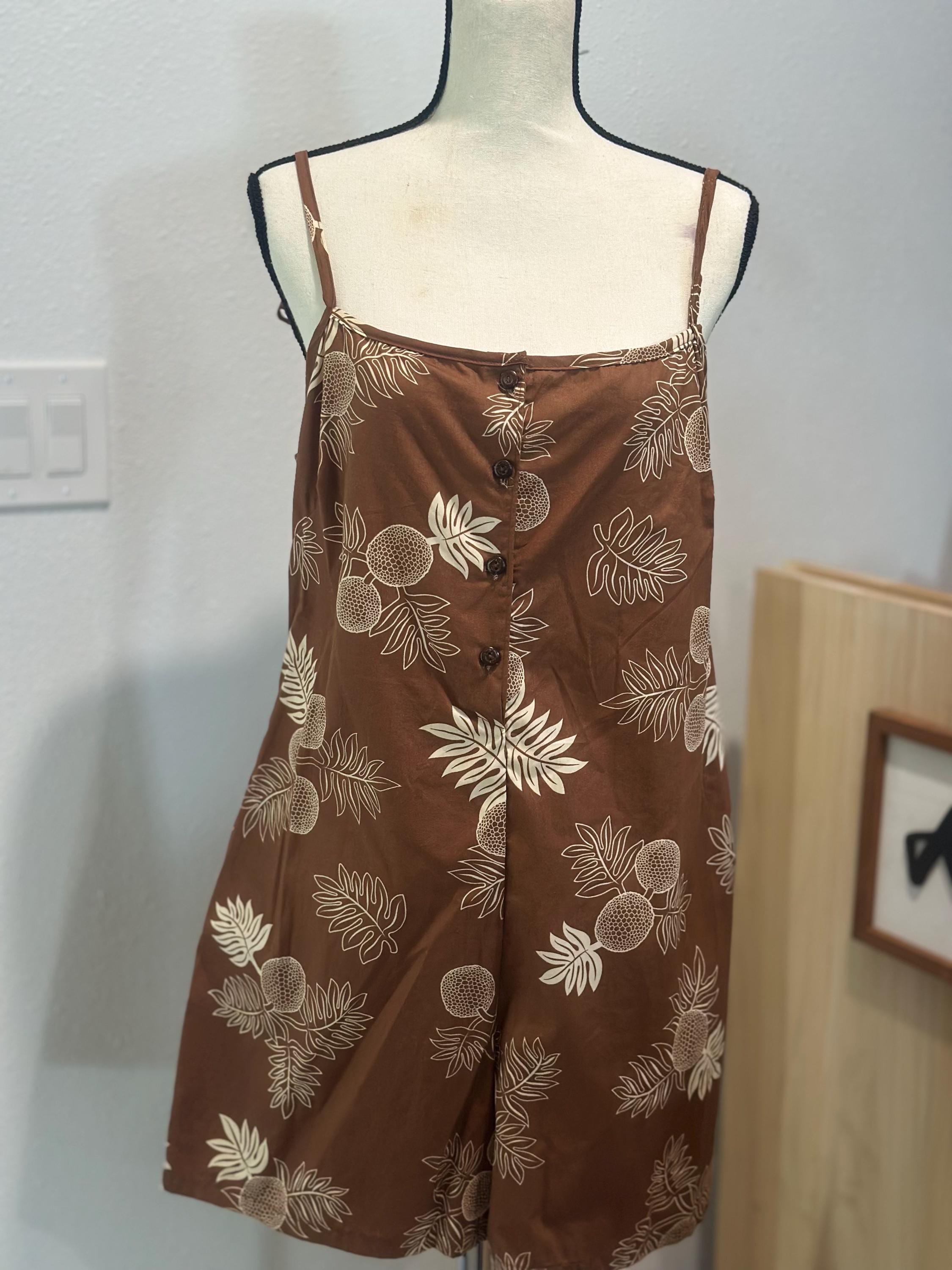 Brown Cotton Ulu Romper with adjustable Shoulder Straps 4 Coconut button down front and 2 side Pockets 100% Woven Palaka Fabric