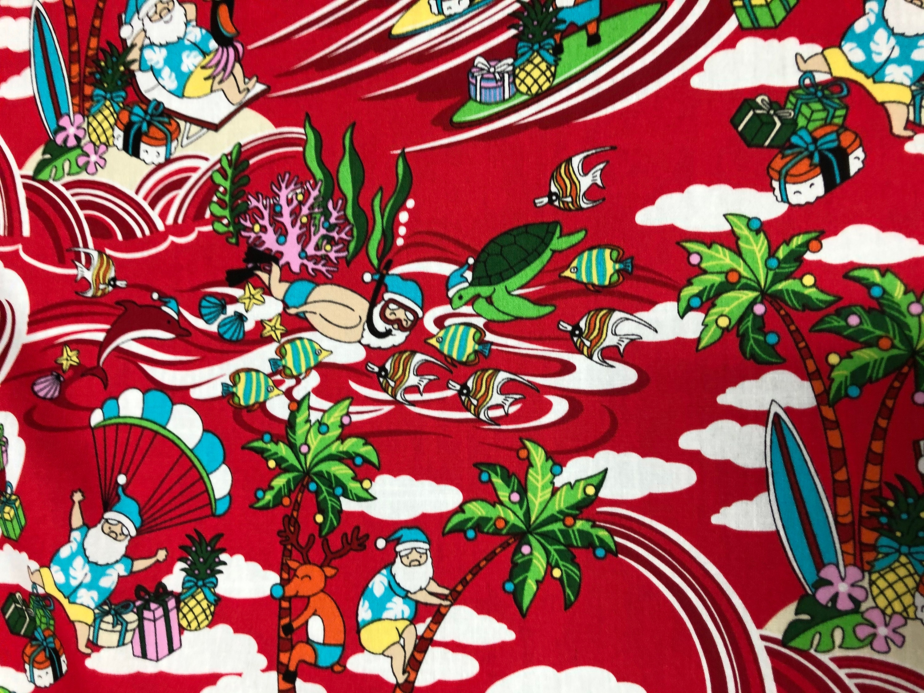 Red Christmas Hawaiian Print Santa Fabric sold by the yard | Etsy