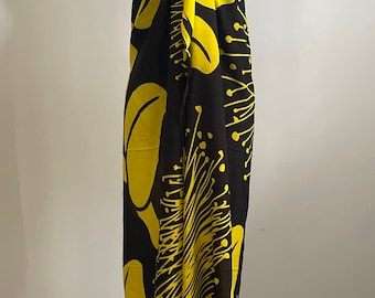 NEW! Rayon Yellow Lehua Flower on Black Pareo  / Sarong / Beach Cover up or Wrap