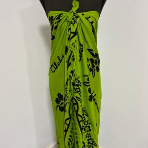 Rayon Limited Black Hibiscus Aloha Hawaii on Avocado Green Pareo  with Fringes / Sarong / Beach Cover up or Wrap / dress