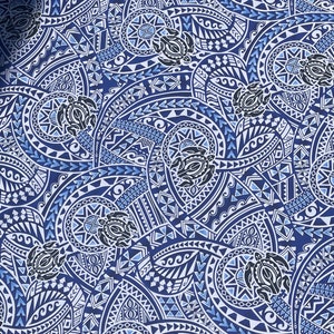 Navy Blue Tribal with Black Honu Hawaiian Print Fabric sold by the yard