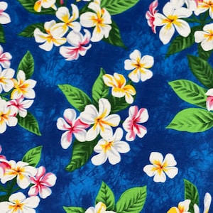 White Yellow Plumeria on Blue Hawaiian Print Cotton Fabric by the yard