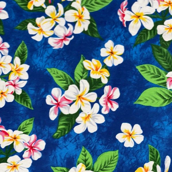 White Yellow Plumeria on Blue Hawaiian Print Fabric sold by the yard