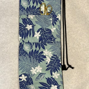 Hawaiian Print Pa’u Skirt Drawstring Shoulder Bag Multi color Blues in Lauae and Sea Shells White Plumeria