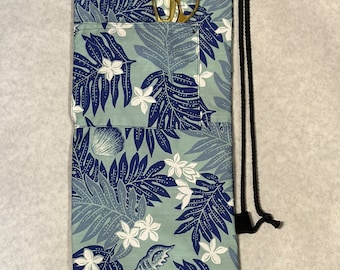 Hawaiian Print Pa’u Skirt Drawstring Shoulder Bag Multi color Blues in Lauae and Sea Shells White Plumeria